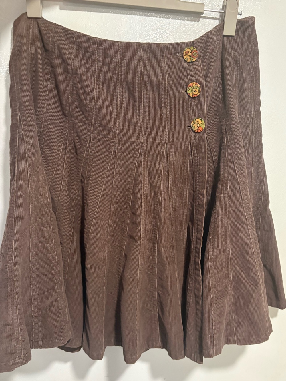 Boston Proper Brown Corduroy Flared Skirt with Floral Accent Buttons